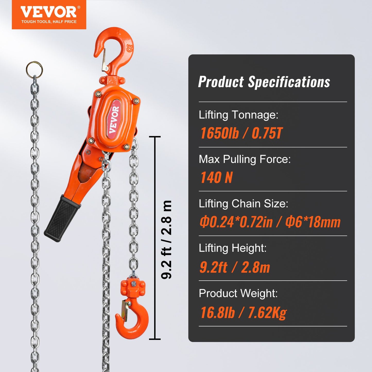 Manual Lever Chain Hoist, 3/4 Ton 748 kg Capacity 3.1m Come Along, G80 Galvanized Carbon Steel with Weston Double-Pawl Brake, Auto Chain Leading & 360° Rotation Hook, for Garage Factory Dock