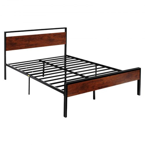 Queen Size Bed Frame, 35 cm Black Metal Platform Bed Frame with Retro Brown Wooden Headboard and Footboard, Large Under-Bed Storage, Non-Slip Without Noise, No Box Spring Needed, Easy Assembly