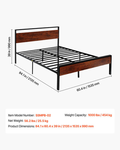 Sängram i queen size-storlek, 35 cm svart plattformssängram i metall med retro brun trähuvud- och fotgavel, stor förvaring under sängen, halkfri utan ljud, ingen boxmadrass behövs, enkel montering