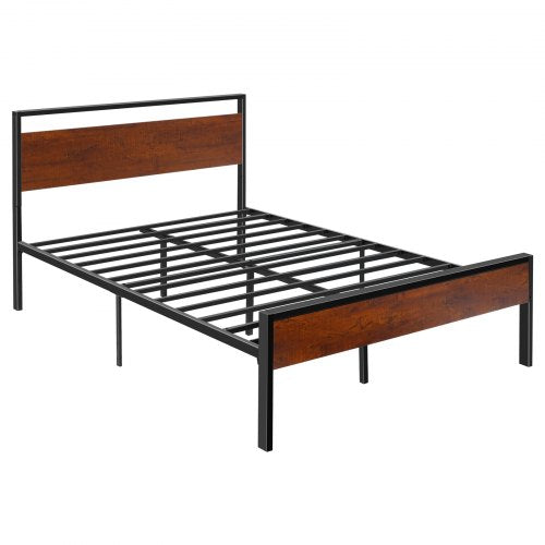 Full Size Bed Frame, 35 cm Black Metal Platform Bed Frame with Retro Brown Wooden Headboard and Footboard, Large Under-Bed Storage, Non-Slip Without Noise, No Box Spring Needed, Easy Assembly