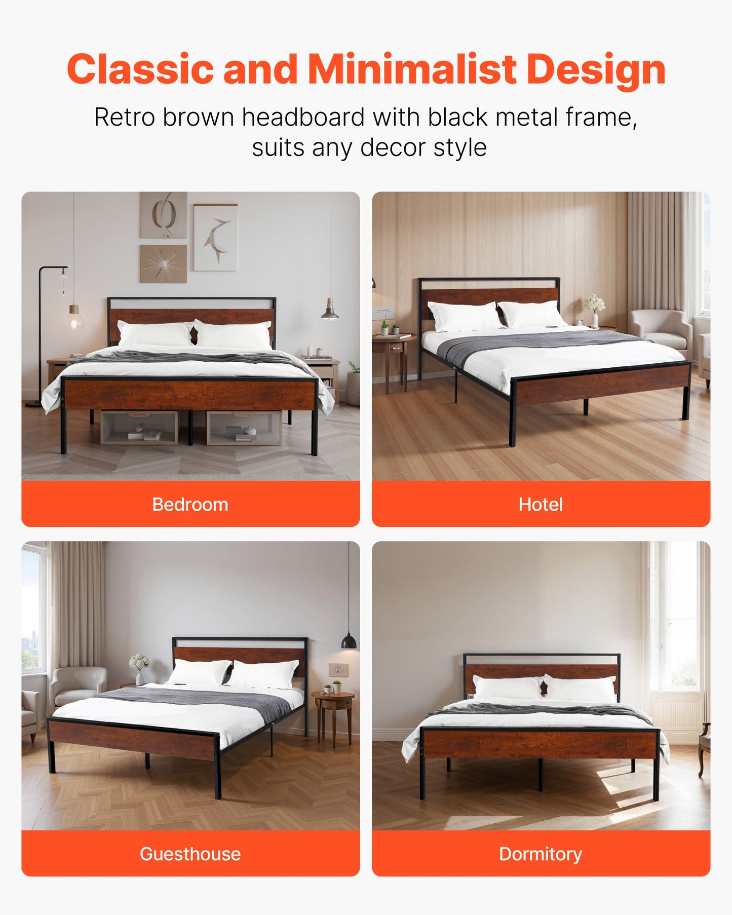 Fullstor sängram, 35 cm svart metallplattformssängram med retro brun trähuvud- och fotgavel, stor förvaring under sängen, halkfri utan ljud, ingen boxmadrass behövs, enkel montering