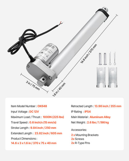 12V linjärt ställdon, 250 mm slaglängd 15 mm/s höghastighets 1000N linjärt ställdon - med IP54-skydd och monteringsfäste för lyftbord, fåtöljer, fönster- och dörröppnare