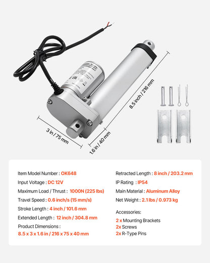 12V Linear Actuator, 101.6mm Stroke 15mm/s High-Speed 1000N Linear Motion Actuator - with IP54 Protection & Mounting Bracket for Lift Desk, Recliner Chairs, Window Door Opener