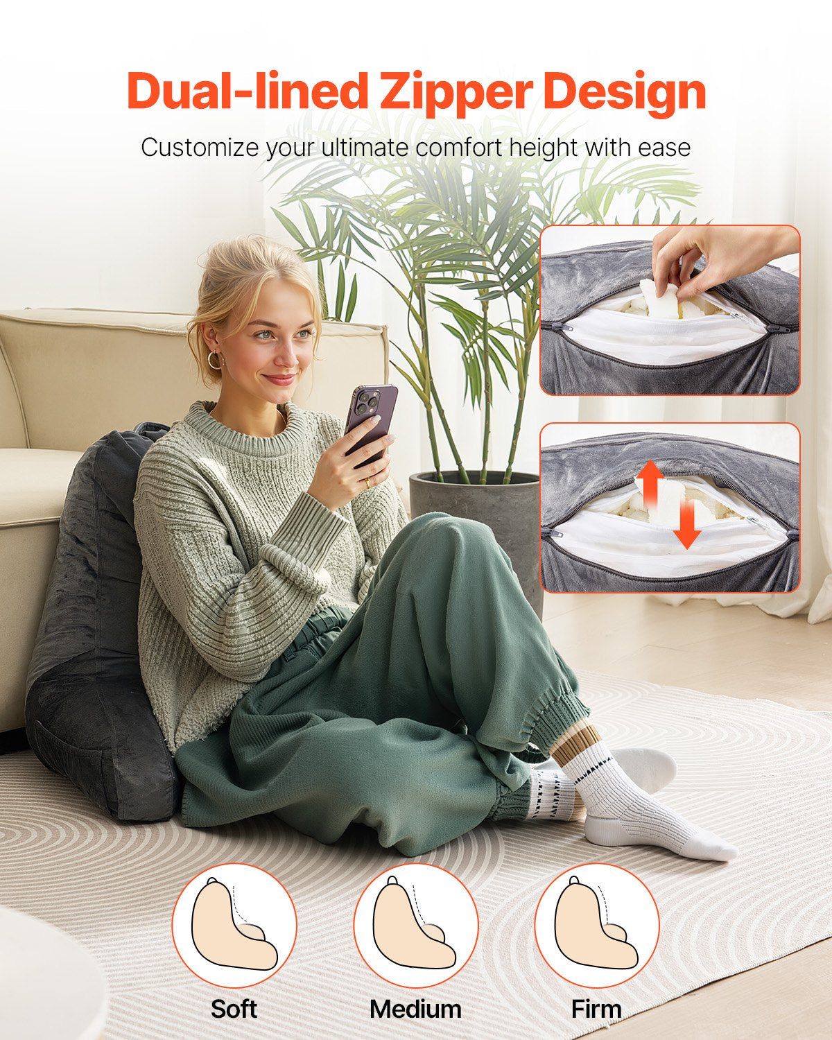 Reading Pillow, Large Size Bed Pillow with Shredded Memory Foam, Back Pillow with 3 Pockets and Washable Short Velvet Cloth, Top with Handle, for Watching TV, Reading, Gaming, Resting, Grey