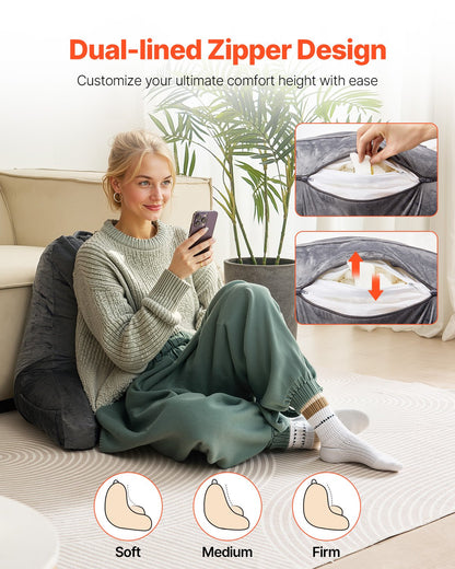 Reading Pillow, Large Size Bed Pillow with Shredded Memory Foam, Back Pillow with 3 Pockets and Washable Short Velvet Cloth, Top with Handle, for Watching TV, Reading, Gaming, Resting, Grey