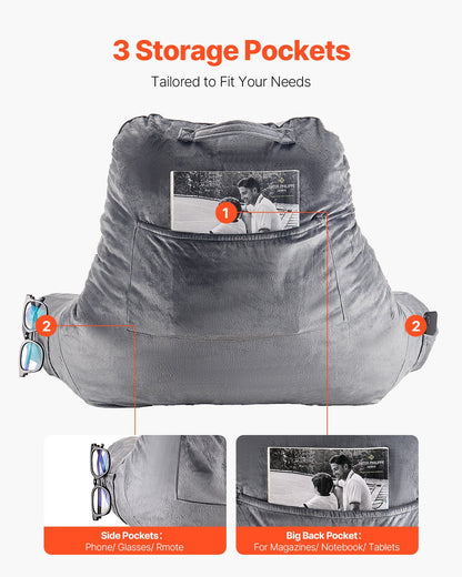 Reading Pillow, Large Size Bed Pillow with Shredded Memory Foam, Back Pillow with 3 Pockets and Washable Short Velvet Cloth, Top with Handle, for Watching TV, Reading, Gaming, Resting, Grey