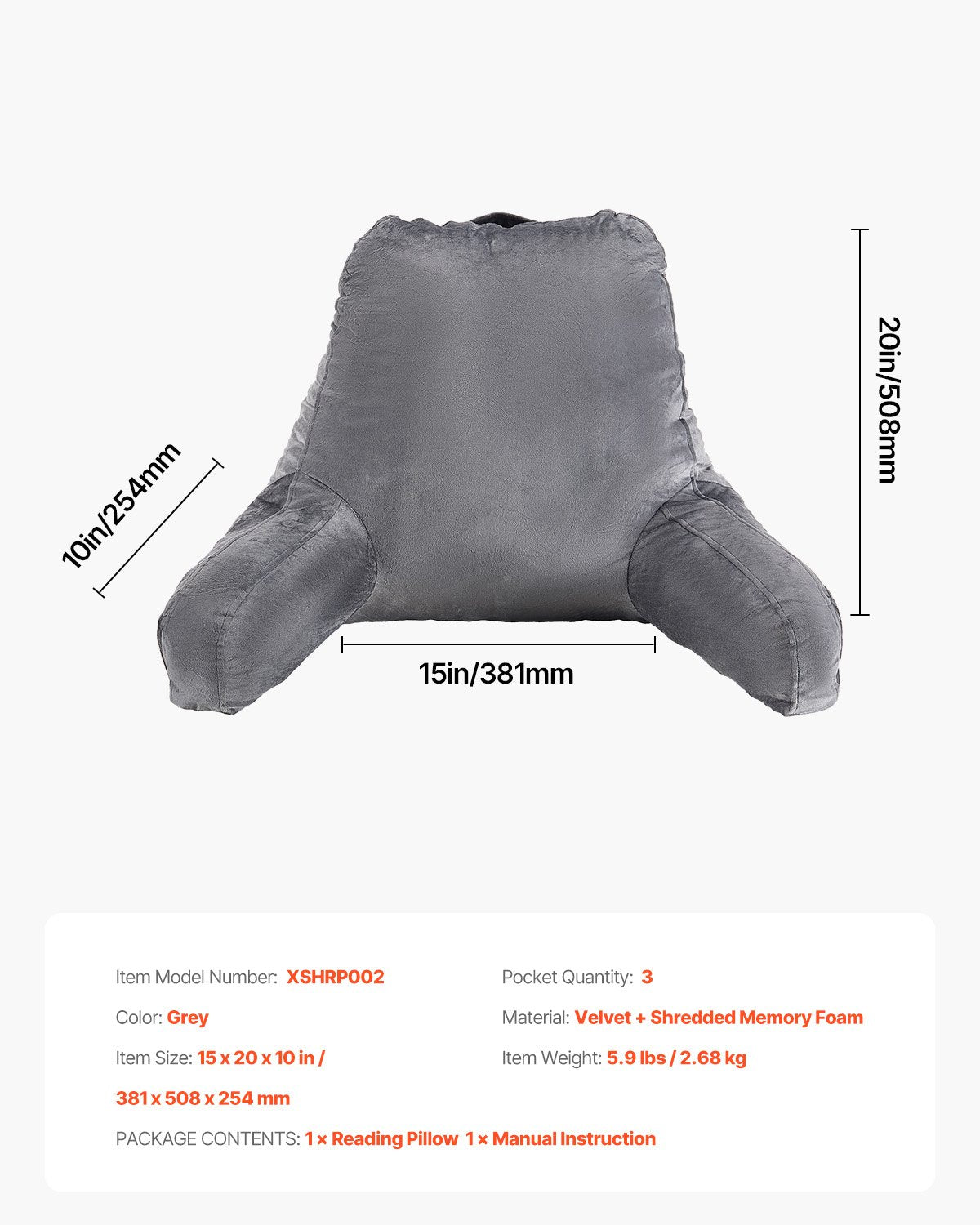 Reading Pillow, Large Size Bed Pillow with Shredded Memory Foam, Back Pillow with 3 Pockets and Washable Short Velvet Cloth, Top with Handle, for Watching TV, Reading, Gaming, Resting, Grey