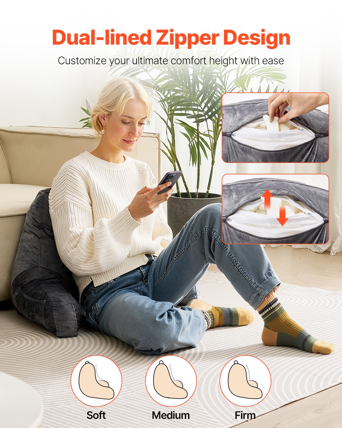 Reading Pillow, Standard Size Bed Pillow with Shredded Memory Foam, Back Pillow with 3 Pockets and Washable Short Velvet Cloth, Top with Handle, for Watching TV, Reading, Gaming, Resting, Grey