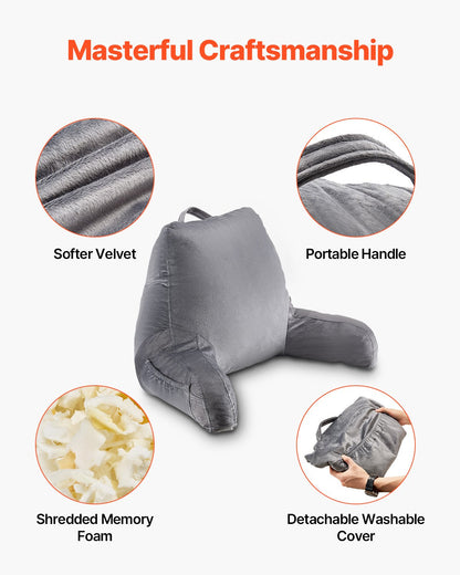 Reading Pillow, Standard Size Bed Pillow with Shredded Memory Foam, Back Pillow with 3 Pockets and Washable Short Velvet Cloth, Top with Handle, for Watching TV, Reading, Gaming, Resting, Grey
