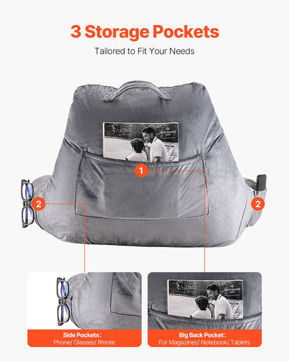 Reading Pillow, Standard Size Bed Pillow with Shredded Memory Foam, Back Pillow with 3 Pockets and Washable Short Velvet Cloth, Top with Handle, for Watching TV, Reading, Gaming, Resting, Grey