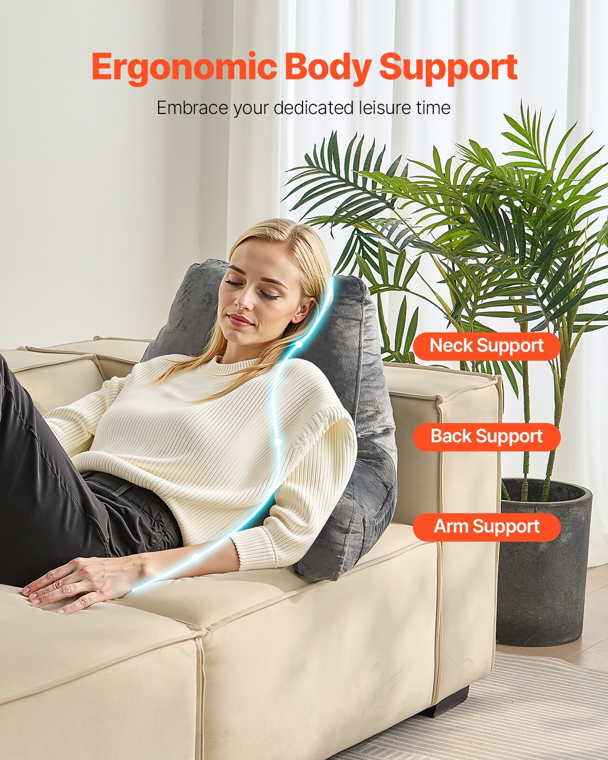 Reading Pillow, Standard Size Bed Pillow with Shredded Memory Foam, Back Pillow with 3 Pockets and Washable Short Velvet Cloth, Top with Handle, for Watching TV, Reading, Gaming, Resting, Grey