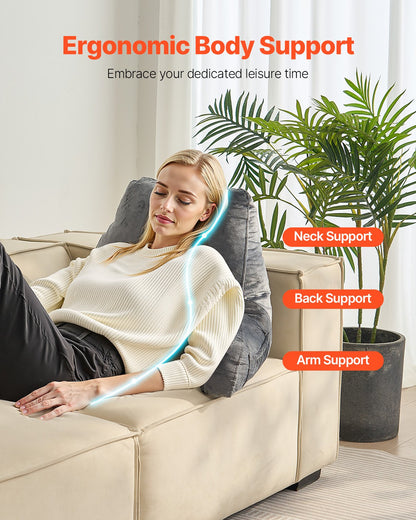 Reading Pillow, Standard Size Bed Pillow with Shredded Memory Foam, Back Pillow with 3 Pockets and Washable Short Velvet Cloth, Top with Handle, for Watching TV, Reading, Gaming, Resting, Grey