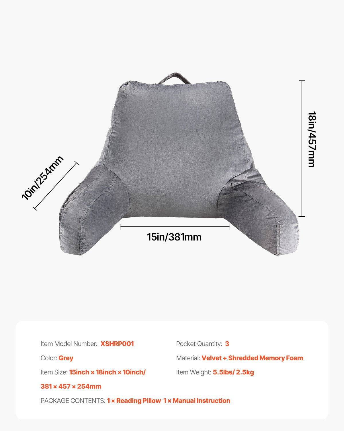 Reading Pillow, Standard Size Bed Pillow with Shredded Memory Foam, Back Pillow with 3 Pockets and Washable Short Velvet Cloth, Top with Handle, for Watching TV, Reading, Gaming, Resting, Grey