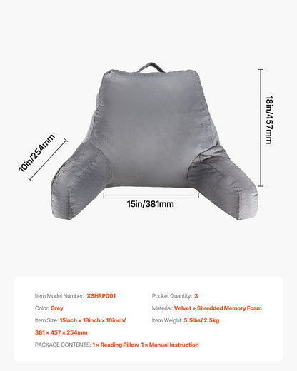 Reading Pillow, Standard Size Bed Pillow with Shredded Memory Foam, Back Pillow with 3 Pockets and Washable Short Velvet Cloth, Top with Handle, for Watching TV, Reading, Gaming, Resting, Grey