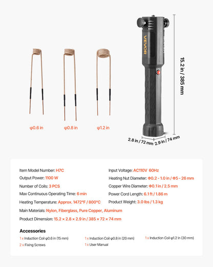 Induction Heater Bolt Removal, 1100W 230V Magnetic Induction Heater Kit, Handheld Nut Buster Tool, Mini Heating Machine for Rusty Screw Removing, Car Garage Repairing Tools with 3 Coil