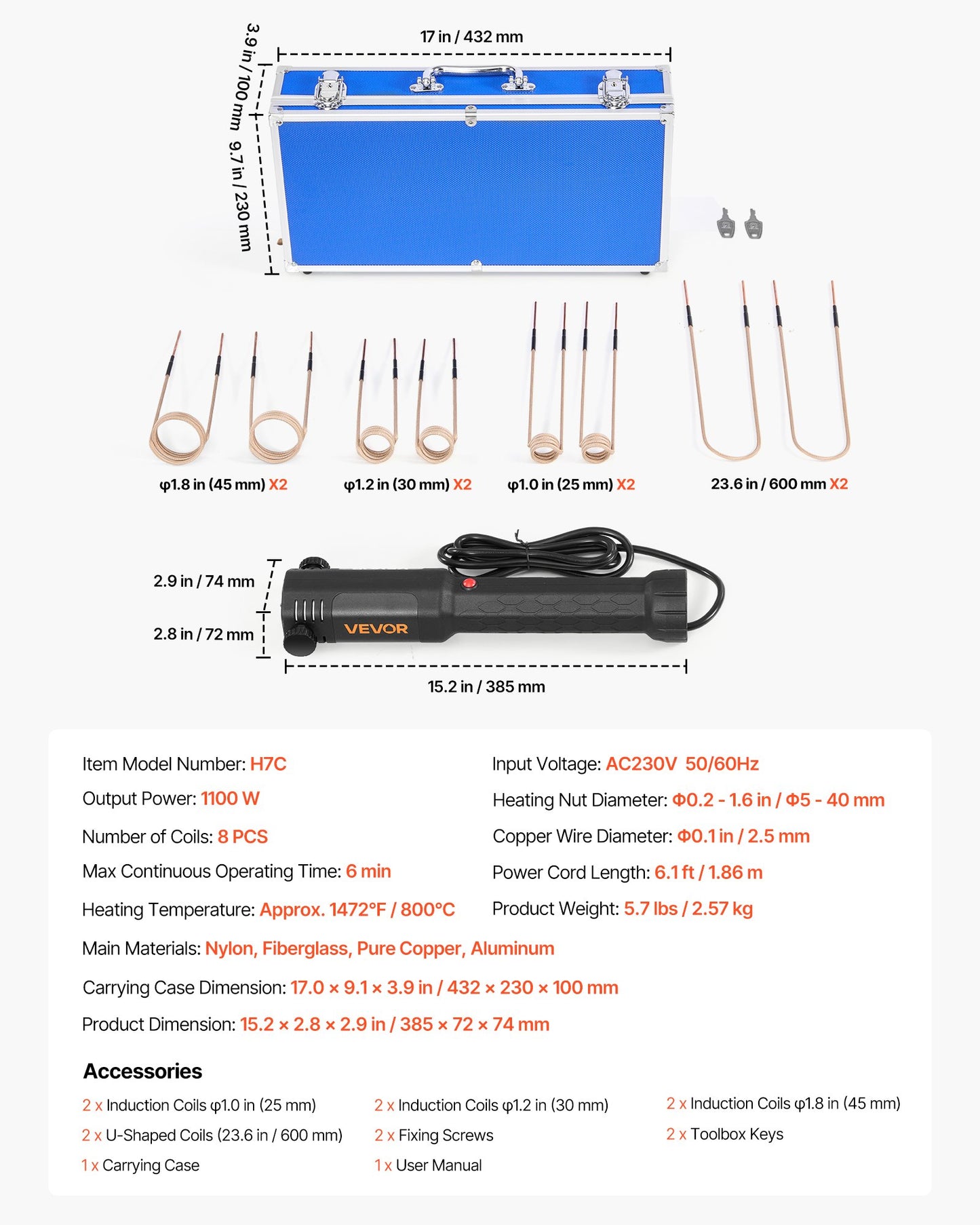 Induction Heater Bolt Removal, 1100W 230V Magnetic Induction Heater Kit, Handheld Nut Buster Tool, Mini Heating Machine for Rusty Screw Removing, Car Garage Repairing Tools with 8 Coil and Box