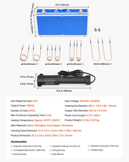 Induction Heater Bolt Removal, 1100W 230V Magnetic Induction Heater Kit, Handheld Nut Buster Tool, Mini Heating Machine for Rusty Screw Removing, Car Garage Repairing Tools with 8 Coil and Box