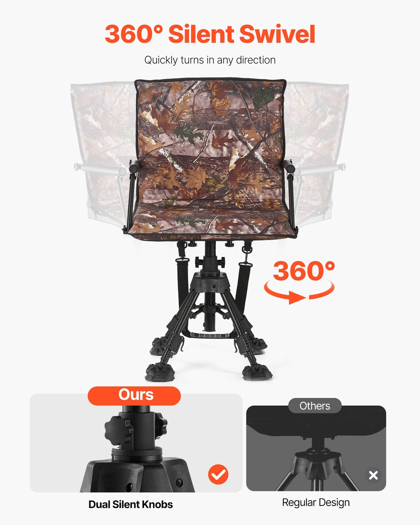 Jaktstol, 360° tyst vridbar, hopfällbar bärbar blindstol, kraftig stålram, markpall, med armstöd, överdrag, sjunksäkra fötter, höjdjusterbar, 158 kg kapacitet för camping