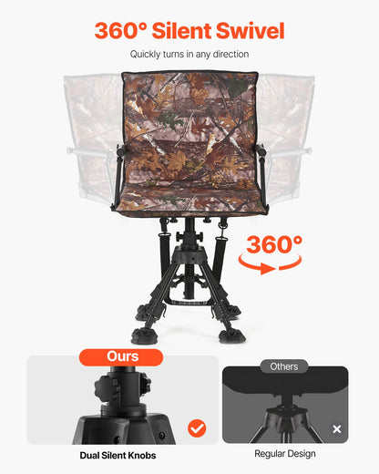 Jaktstol, 360° tyst vridbar, hopfällbar bärbar blindstol, kraftig stålram, markpall, med armstöd, överdrag, sjunksäkra fötter, höjdjusterbar, 158 kg kapacitet för camping