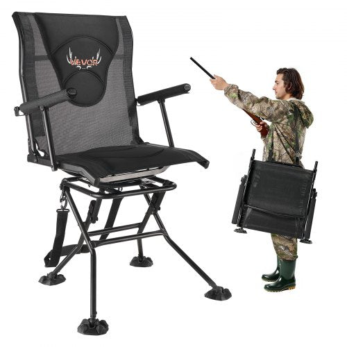 Hunting Chair, 360° Silent Swivel, Foldable Portable Blind Chair, Heavy-Duty Steel Frame Ground Stool Seat, with Armrests, Adjustable Carry Strap, Anti-Sink Feet, 136 Kg Capacity for Fishing