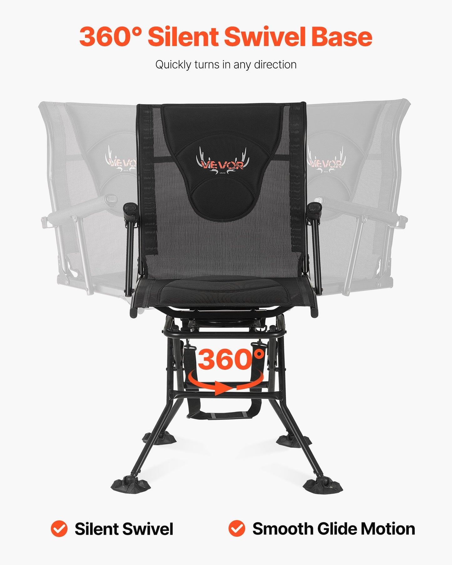 Hunting Chair, 360° Silent Swivel, Foldable Portable Blind Chair, Heavy-Duty Steel Frame Ground Stool Seat, with Armrests, Adjustable Carry Strap, Anti-Sink Feet, 136 Kg Capacity for Fishing