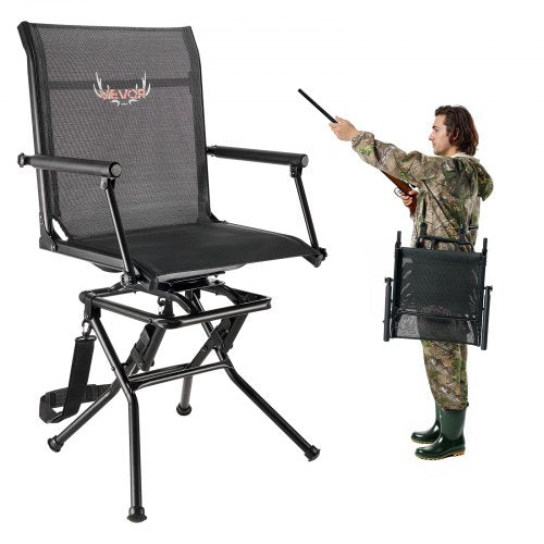 Hunting Chair, 360° Silent Swivel, Foldable Lightweight Portable Blind Chair, Heavy-Duty Steel Frame Ground Stool Seat, with Armrest, Adjustable Carry Strap, 136 Kg Capacity for Fishing Camping