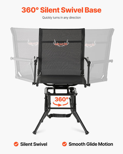 Hunting Chair, 360° Silent Swivel, Foldable Lightweight Portable Blind Chair, Heavy-Duty Steel Frame Ground Stool Seat, with Armrest, Adjustable Carry Strap, 136 Kg Capacity for Fishing Camping