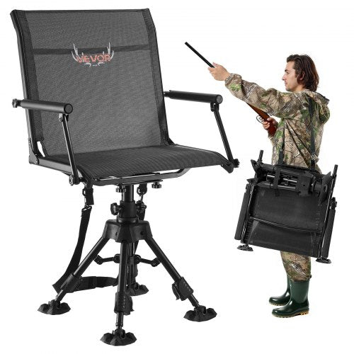 Hunting Chair, 360° Silent Swivel, Foldable Portable Blind Chair, Heavy-Duty Steel Frame Ground Stool Seat with Armrests, Anti-Sink Feet, Height Adjustable, 158 Kg Capacity for Fishing Camping