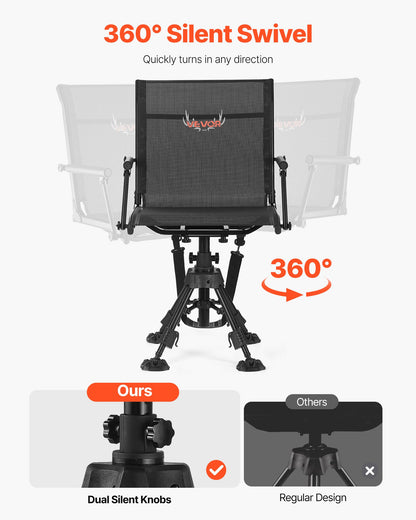 Hunting Chair, 360° Silent Swivel, Foldable Portable Blind Chair, Heavy-Duty Steel Frame Ground Stool Seat with Armrests, Anti-Sink Feet, Height Adjustable, 158 Kg Capacity for Fishing Camping