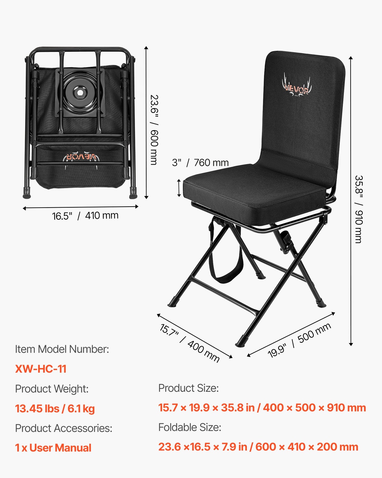 Jaktstol, 360° tyst vridbar, hopfällbar lätt och bärbar jaktstol, kraftig stålram, markpall, med justerbar axelrem, 136 kg kapacitet för fiske, camping