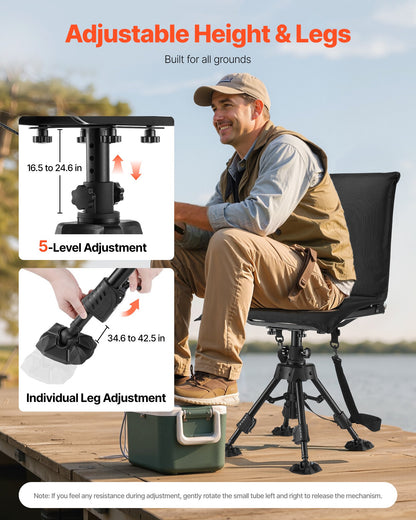 Hunting Chair, 360° Silent Swivel, Foldable Portable Blind Chair, Heavy-Duty Steel Frame Ground Stool Seat, with Seat Cover, Anti-Sink Swivel Feet, Height Adjustable, 158 Kg Capacity for Fishing