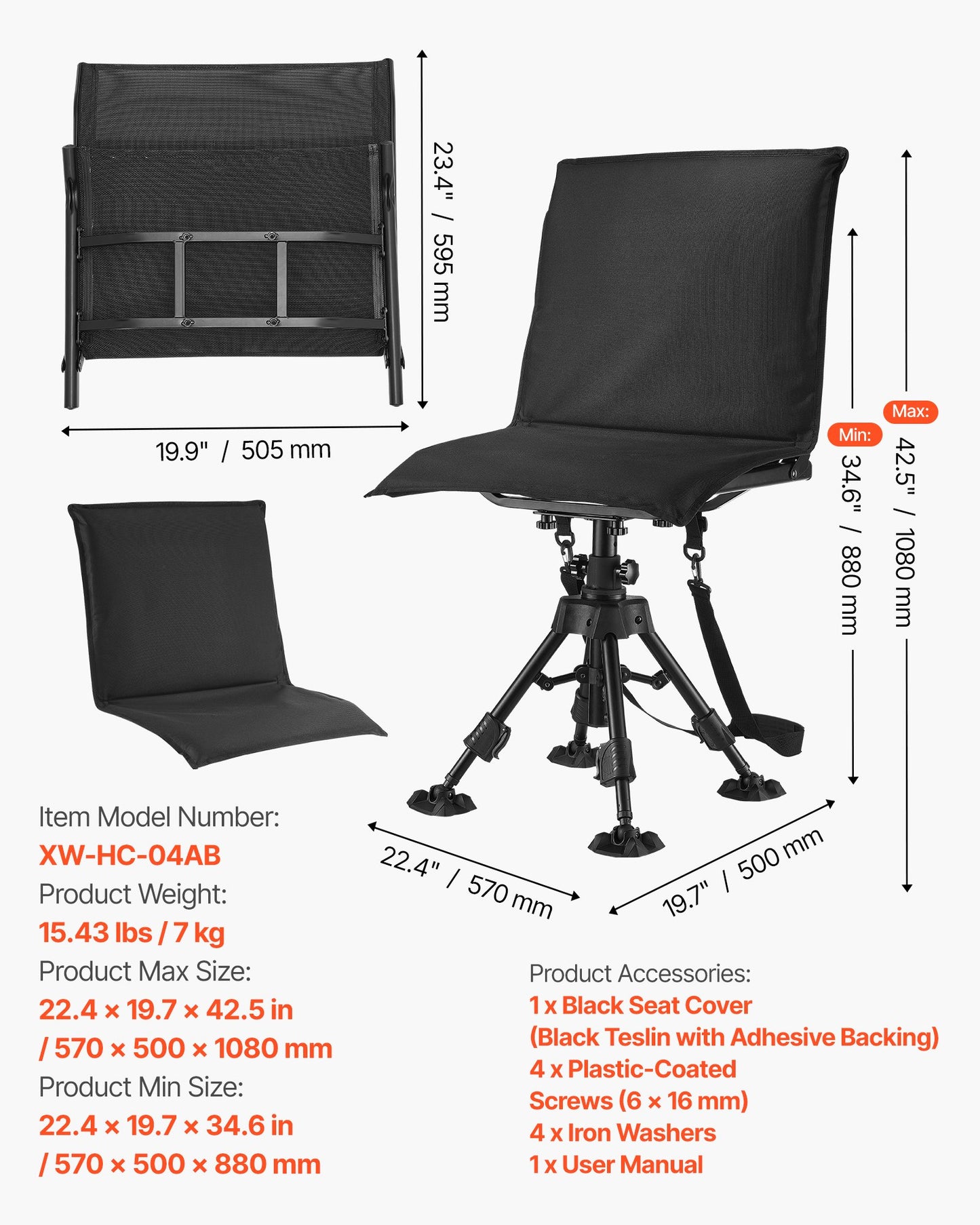 Hunting Chair, 360° Silent Swivel, Foldable Portable Blind Chair, Heavy-Duty Steel Frame Ground Stool Seat, with Seat Cover, Anti-Sink Swivel Feet, Height Adjustable, 158 Kg Capacity for Fishing