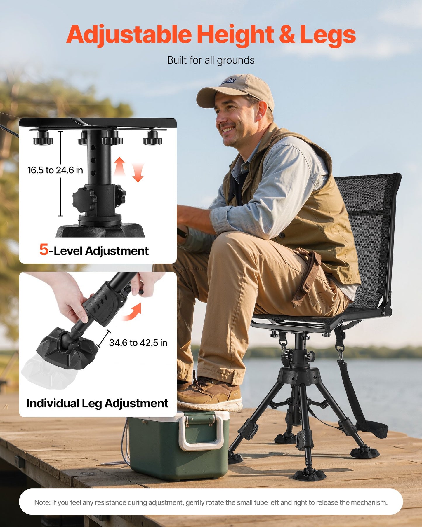 Hunting Chair, 360° Silent Swivel, Foldable Portable Blind Chair, Heavy-Duty Steel Frame Ground Stool Seat with Anti-Sink Swivel Feet, Height Adjustable, 158 Kg Capacity for Fishing Camping