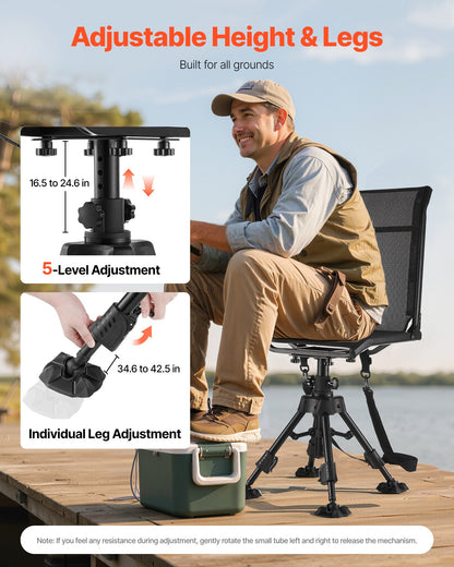 Hunting Chair, 360° Silent Swivel, Foldable Portable Blind Chair, Heavy-Duty Steel Frame Ground Stool Seat with Anti-Sink Swivel Feet, Height Adjustable, 158 Kg Capacity for Fishing Camping