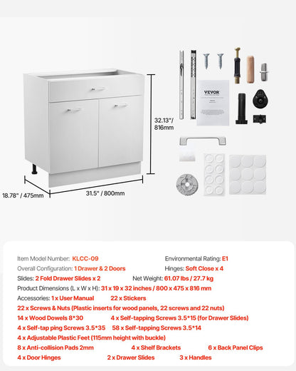 Vitt Shaker-underskåp med låda, 31-tums omonterat underskåp med lådor, 31" B x 19" D x 32" H Monteringsklart skåp med mjukstängande dörrar och justerbar hylla, för hemmakontor