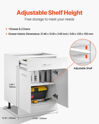 Vitt Shaker-underskåp med låda, 24-tums omonterat underskåp med lådor, 24" B x 19" D x 32" H Monteringsklart skåp med mjukstängande dörrar och justerbar hylla, för hemmakontor