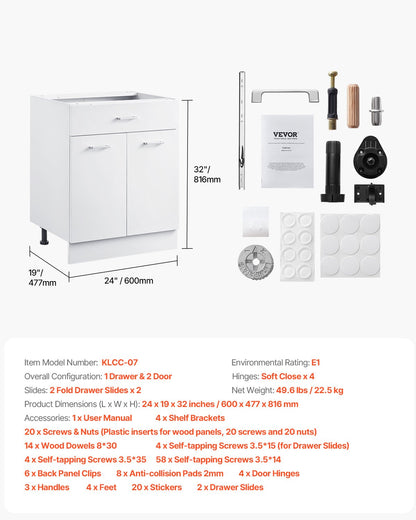 Vitt Shaker-underskåp med låda, 24-tums omonterat underskåp med lådor, 24" B x 19" D x 32" H Monteringsklart skåp med mjukstängande dörrar och justerbar hylla, för hemmakontor