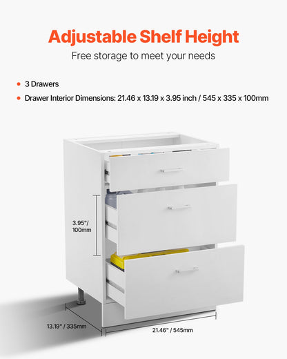Vitt Shaker-underskåp med 3 lådor, 24-tums omonterat underskåp med lådor, 24" B x 19" D x 32" H Monteringsklart skåp med mjukstängande lådskenor, för hemmakontor