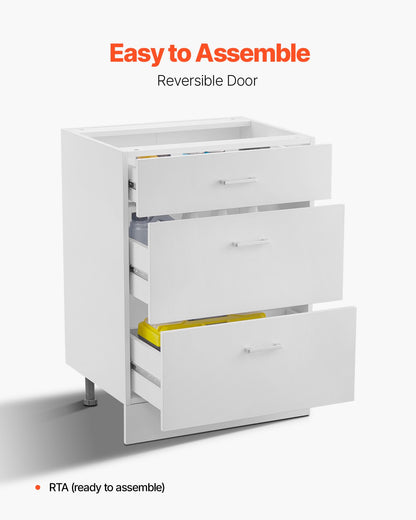 Vitt Shaker-underskåp med 3 lådor, 24-tums omonterat underskåp med lådor, 24" B x 19" D x 32" H Monteringsklart skåp med mjukstängande lådskenor, för hemmakontor