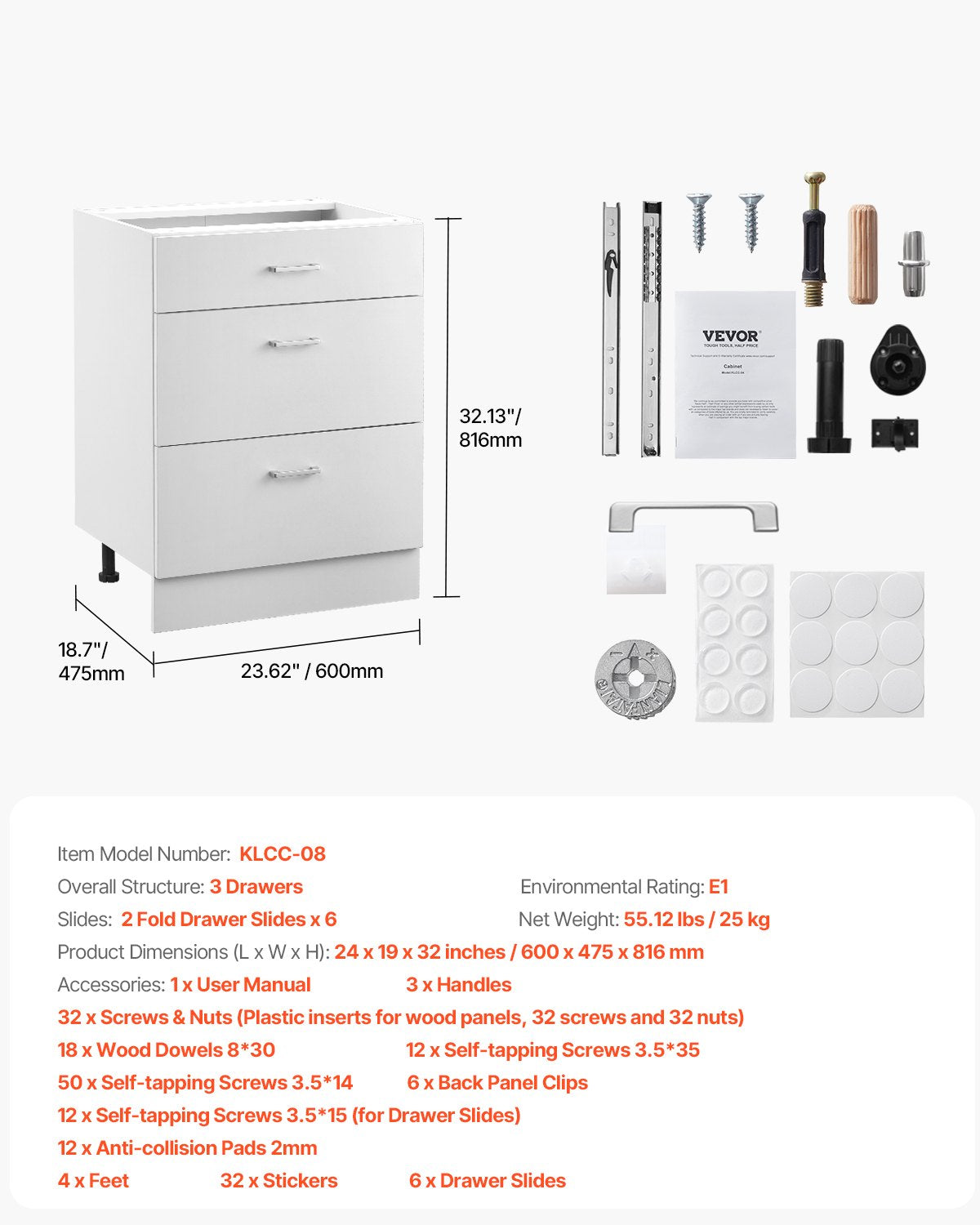 Vitt Shaker-underskåp med 3 lådor, 24-tums omonterat underskåp med lådor, 24" B x 19" D x 32" H Monteringsklart skåp med mjukstängande lådskenor, för hemmakontor