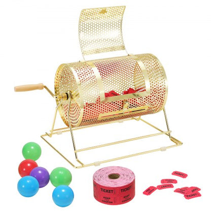Raffle Drum, 11.6 x Ø7.48 inch Brass Plated Raffle Ticket Spinning Cage, Holds 2500 Tickets or 100 Ping Pong Balls, Metal Lottery Spinning Drawing with Wooden Turning Handle, for Bingo Ballot Pa