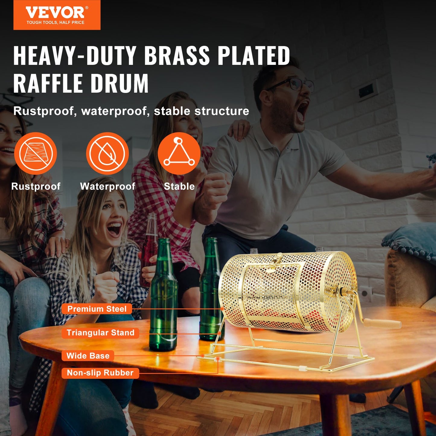Raffle Drum, 11.6 x Ø7.48 inch Brass Plated Raffle Ticket Spinning Cage, Holds 2500 Tickets or 100 Ping Pong Balls, Metal Lottery Spinning Drawing with Wooden Turning Handle, for Bingo Ballot Pa