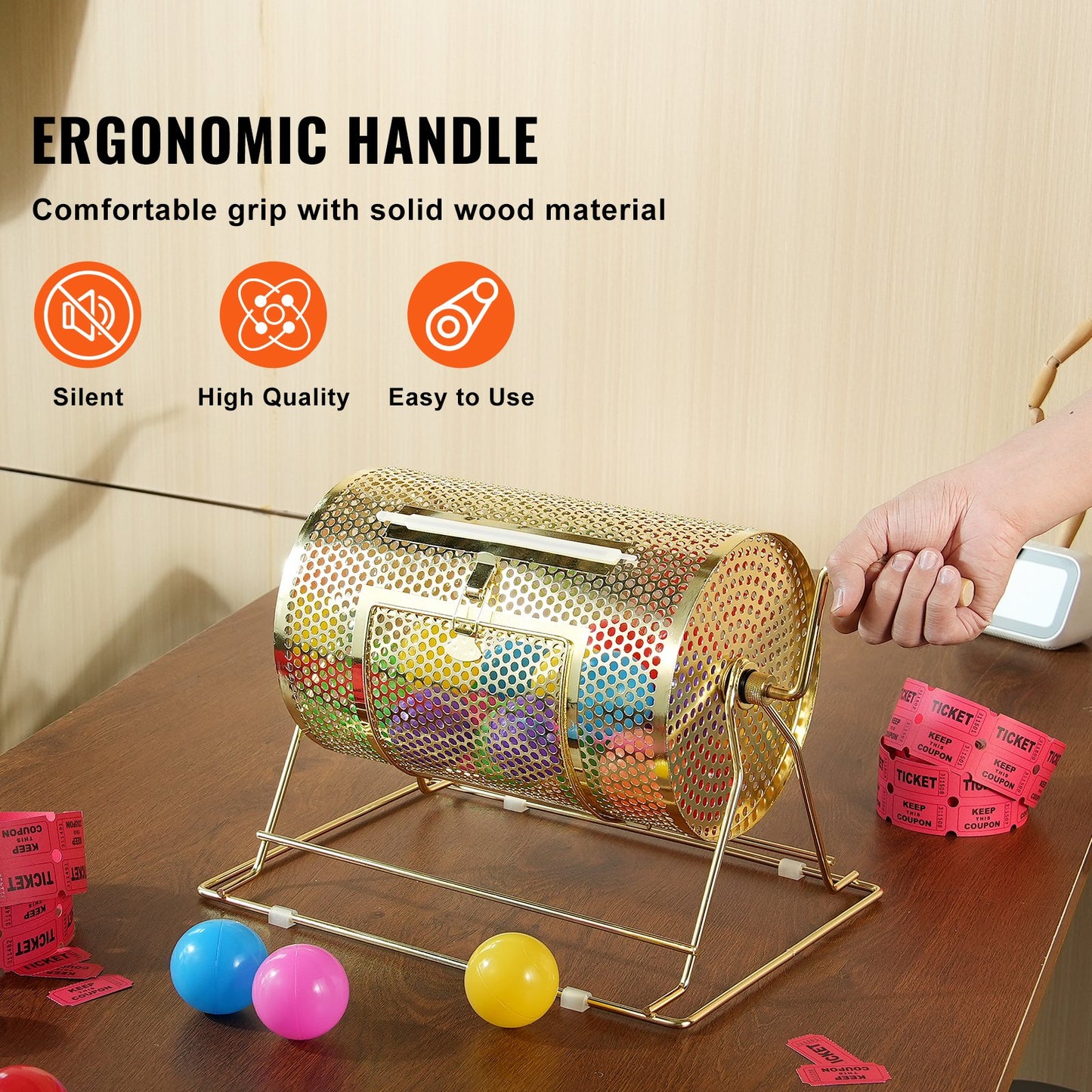 Raffle Drum, 11.6 x Ø7.48 inch Brass Plated Raffle Ticket Spinning Cage, Holds 2500 Tickets or 100 Ping Pong Balls, Metal Lottery Spinning Drawing with Wooden Turning Handle, for Bingo Ballot Pa