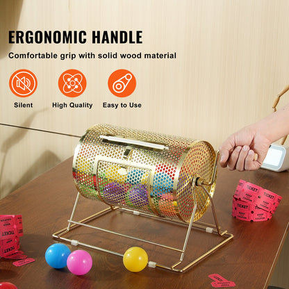 Raffle Drum, 11.6 x Ø7.48 inch Brass Plated Raffle Ticket Spinning Cage, Holds 2500 Tickets or 100 Ping Pong Balls, Metal Lottery Spinning Drawing with Wooden Turning Handle, for Bingo Ballot Pa