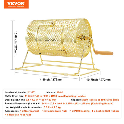 Raffle Drum, 11.6 x Ø7.48 inch Brass Plated Raffle Ticket Spinning Cage, Holds 2500 Tickets or 100 Ping Pong Balls, Metal Lottery Spinning Drawing with Wooden Turning Handle, for Bingo Ballot Pa