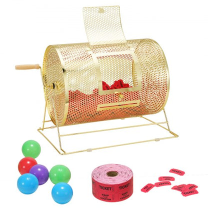 Raffle Drum, 16.1 x Ø12 inch Brass Plated Raffle Ticket Spinning Cage, Holds 5000 Tickets or 200 Ping Pong Balls, Metal Lottery Spinning Drawing with Wooden Turning Handle, for Bingo Ballot Part