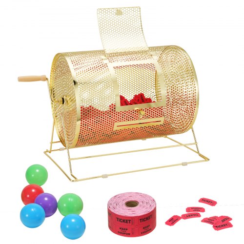 Raffle Drum, 16.1 x Ø12 inch Brass Plated Raffle Ticket Spinning Cage, Holds 5000 Tickets or 200 Ping Pong Balls, Metal Lottery Spinning Drawing with Wooden Turning Handle, for Bingo Ballot Part