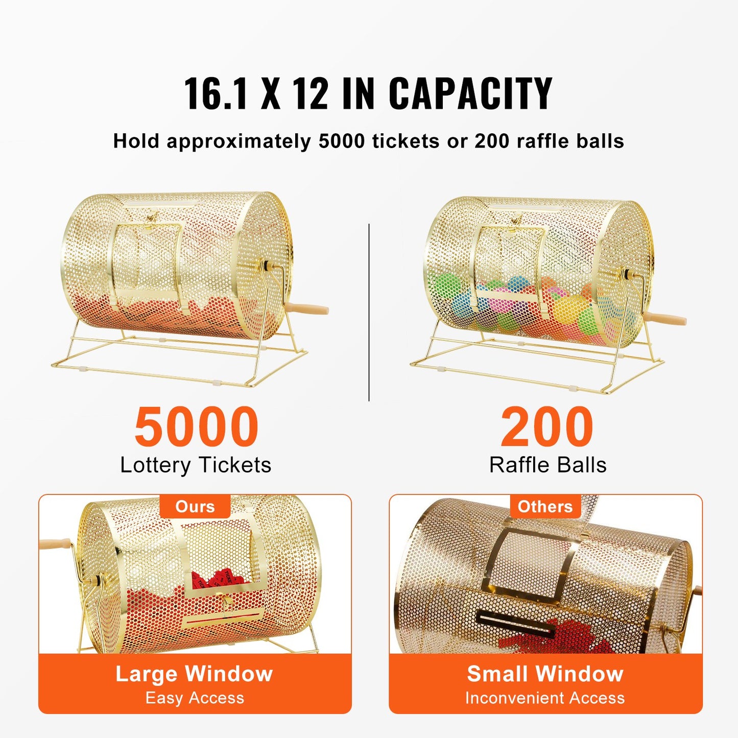 Raffle Drum, 16.1 x Ø12 inch Brass Plated Raffle Ticket Spinning Cage, Holds 5000 Tickets or 200 Ping Pong Balls, Metal Lottery Spinning Drawing with Wooden Turning Handle, for Bingo Ballot Part
