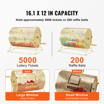 Raffle Drum, 16.1 x Ø12 inch Brass Plated Raffle Ticket Spinning Cage, Holds 5000 Tickets or 200 Ping Pong Balls, Metal Lottery Spinning Drawing with Wooden Turning Handle, for Bingo Ballot Part