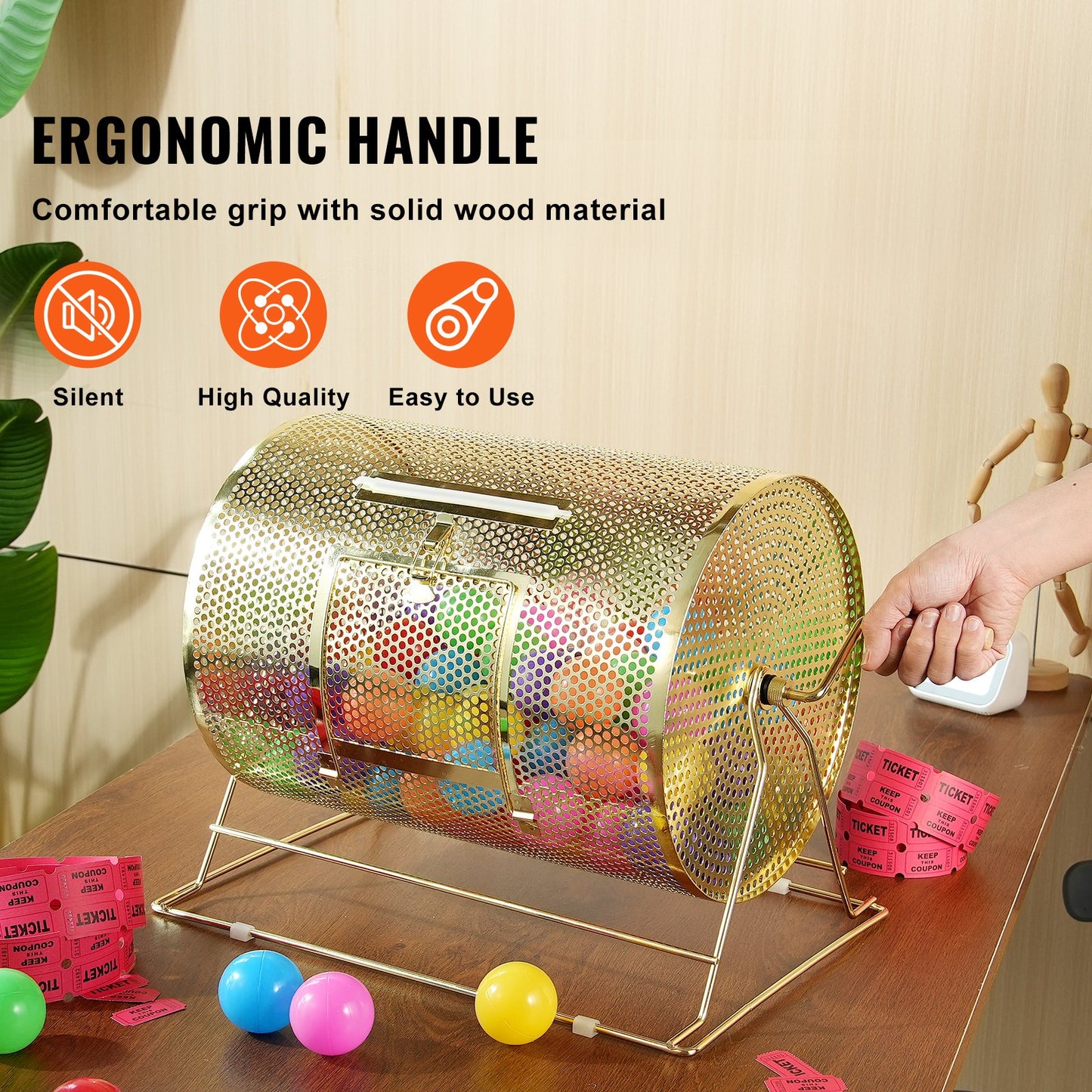 Raffle Drum, 16.1 x Ø12 inch Brass Plated Raffle Ticket Spinning Cage, Holds 5000 Tickets or 200 Ping Pong Balls, Metal Lottery Spinning Drawing with Wooden Turning Handle, for Bingo Ballot Part